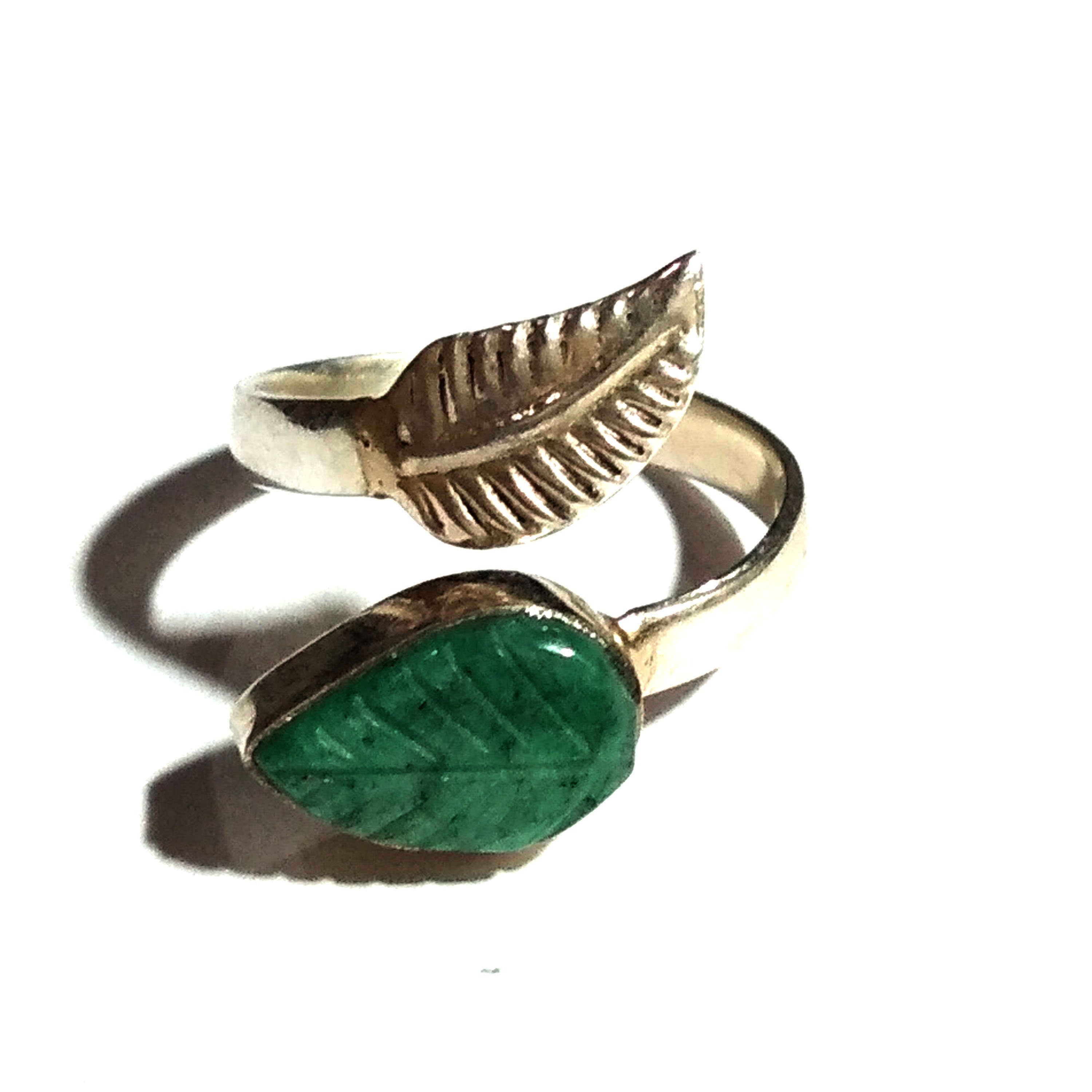 Natural Emerald Leaf Carving Ring, 925 Solid Starling Silver Ring Jewelry, Pear Shape Beautiful Emerald Carving Stone Ring, Gift for Her